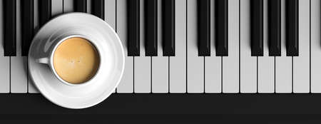 Cup of coffee on a black piano, top view, banner. 3d illustrationの写真素材