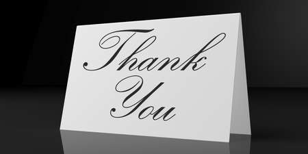 Hand written vintage text Thank you on white card, isolated on black background. Calligraphy lettering. 3d illustrationの写真素材