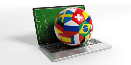 Russia soccer football ball with world teams flags on a laptop keyboard, isolated on white background. 3d illustrationの写真素材