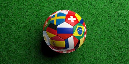 Soccer football ball with world teams flags on green field background. 3d illustrationの写真素材