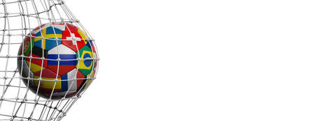 Soccer football ball with world flags in goal, white background, copy space, banner. 3d illustrationの写真素材