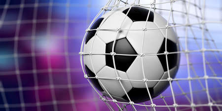 Soccer football ball in goal, blue purple background, copy space, 3d illustrationの写真素材