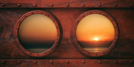 Boat portholes metal background, Calm sea at sunset or sunrise out of the windows. 3d illustrationの写真素材