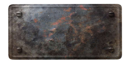 Rusty black metal plate with screws isolated on white background. 3d illustrationの写真素材