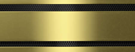 Golden and black metal plate and grate background, banner. 3d illustrationの写真素材