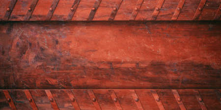 Industrial rusty red metal plate with bolts background, banner. 3d illustrationの写真素材