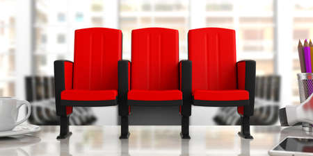 Red theater chairs on blurred office background, front view. 3d illustrationの写真素材