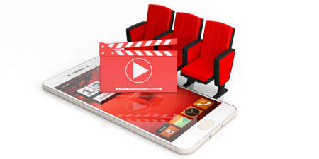 Cinema, movie and home video concept. Cinema movie clapper board, theater chairs and a mobile phone isolated on white background. 3d illustrationの写真素材