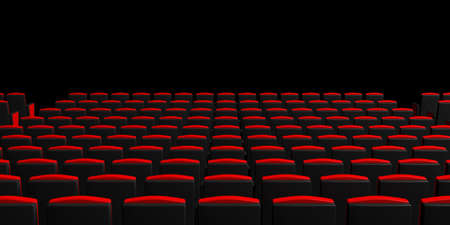 Red theater chairs on dark background, view from behind, copyspace. 3d illustrationの写真素材