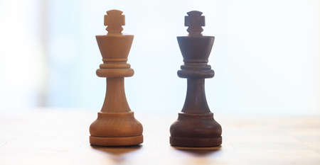 Chess pieces dark, light brown color. Closeup view of kings with detail. Reflection, blur backdrop.の写真素材