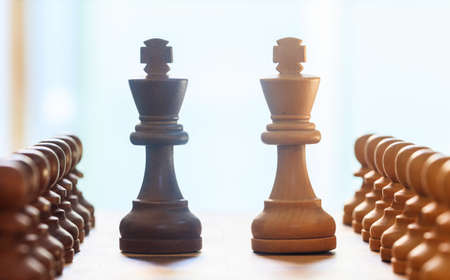 Chess pieces light, dark brown color. Close up view of kings and pawns with details. Blur backdrop.の写真素材