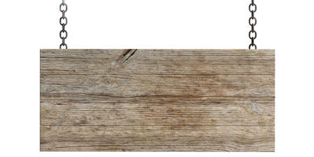 Wooden blank signboard hanging with chains, isolated on white background. 3d illustrationの写真素材