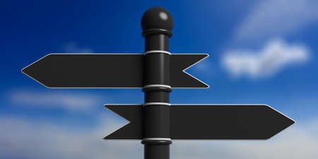 Blank metal arrow signposts on pole, isolated on blue sky background. 3d illustrationの写真素材