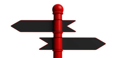 Blank metal arrow signposts on red pole, isolated on white background. 3d illustrationの写真素材