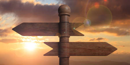 Blank wooden arrow signposts on pole, isolated on sunset sunrise background. 3d illustrationの写真素材
