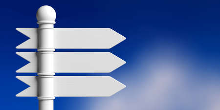Blank white arrow signposts on metal pole, isolated on blue sky background. 3d illustrationの写真素材