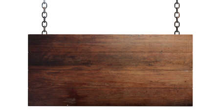Wooden blank signboard hanging with chains, isolated on white background. 3d illustrationの写真素材