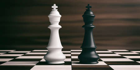 White and black chess kings on a chess board, brown wooden background. 3d illustrationの写真素材
