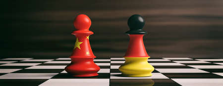 China and Germany cooperation concept. China and Germany flags on chess pawns soldiers on a chessboard. 3d illustrationの写真素材