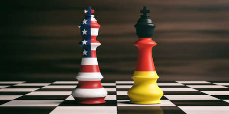 USA and Germany cooperation concept. US America and Germany flags on chess kings on a chess board, brown wooden background. 3d illustrationの写真素材