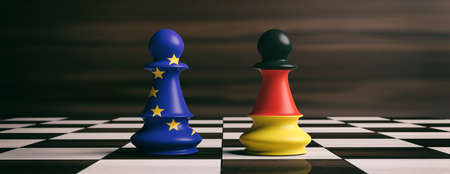 Germany and EU cooperation concept.Germany and European Union flags on chess pawns soldiers on a chessboard. 3d illustrationの写真素材