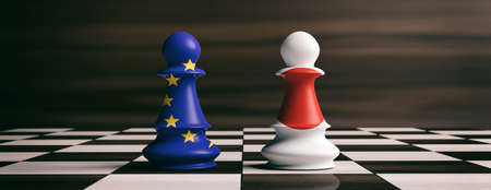 Japan and EU cooperation concept. Japan and European Union flags on chess pawns soldiers on a chessboard. 3d illustrationの写真素材