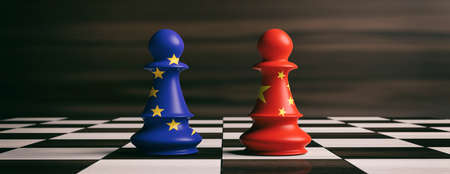 China and EU cooperation concept. China and European Union flags on chess pawns soldiers on a chessboard. 3d illustrationの写真素材