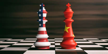 USA and China cooperation concept. US America and China flags on chess kings on a chess board, brown wooden background. 3d illustrationの写真素材