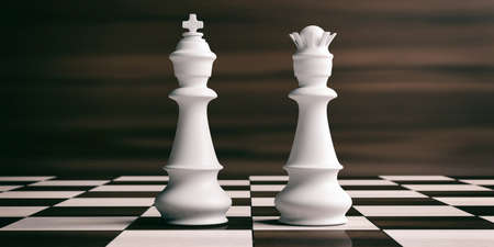 White chess king and queen on a chess board, brown wooden background. 3d illustrationの写真素材