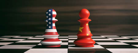 USA and China cooperation concept. US America and China flags on chess pawns soldiers on a chessboard. 3d illustrationの写真素材