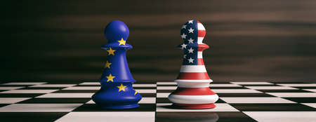 USA and EU cooperation concept. US America and European Union flags on chess pawns soldiers on a chessboard. 3d illustrationの写真素材