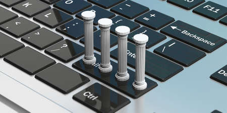Four white classical pillars on a silver computer keyboard. 3d illustrationの写真素材