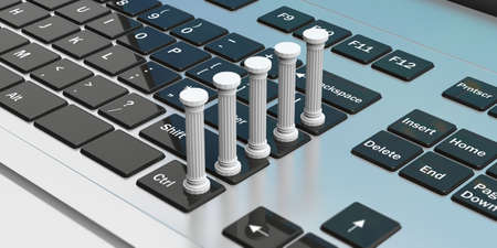 Five white classical pillars on a silver computer keyboard. 3d illustrationの写真素材