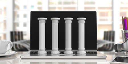 Four classical pillars on a computer, blur office background. 3d illustrationの写真素材