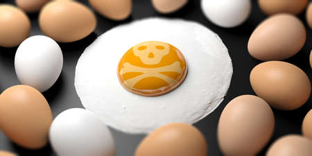 Dangerous food or food allergy concept. A skull on a fried egg's yolk. 3d illustrationの写真素材