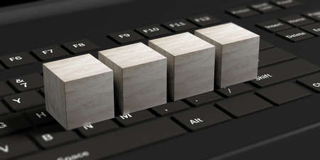 Three blank cubes on a black computer keyboard, space for text. 3d illustrationの写真素材