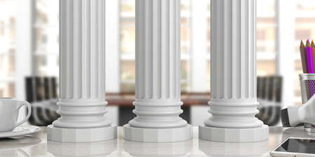 Sustainability concept.Three classical pillars on an office desk, blurred background. 3d illustrationの写真素材