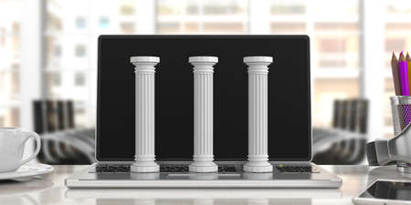 Sustainability concept.Three classical pillars on a computer, blur office background. 3d illustrationの写真素材