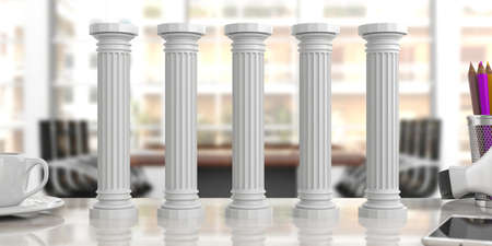 Five classical pillars on an office desk, blurred background. 3d illustrationの写真素材