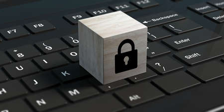 Cyber safety concept. Padlock on a cube on a black computer keyboard. 3d illustrationの写真素材