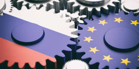 EU and Russia relations concept. European Union and Russia flags on metal gears. 3d illustrationの写真素材