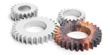 Old and new concept. One rusty and three silver gears isolated on white background. 3d illustrationの写真素材