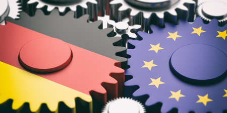 EU and Germany relations concept. European Union and Germany flags on metal gears. 3d illustrationの写真素材