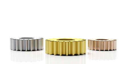 Awards on winner podium concept. Golden, silver and bronze wheelgears isolated on white background. 3d illustrationの写真素材