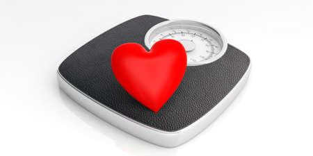 Weight control concept. Bathroom scale and a red heart isolated on white background, view from above. 3d illustrationの写真素材