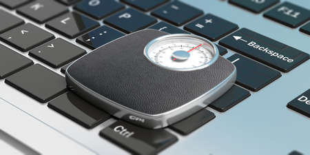 Weight control concept. Bathroom scale on a computer keyboard, view from above. 3d illustrationの写真素材