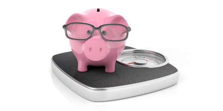 Piggy bank on a bathroom scale isolated on white background. 3d illustrationの写真素材