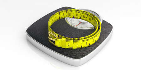 Weight control concept. Bathroom scale and measure tape isolated on white background, view from above. 3d illustrationの写真素材