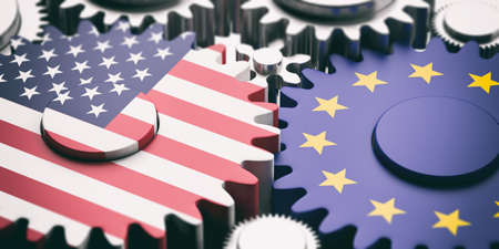 EU and USA relations concept. European Union and US of America flags on metal gears. 3d illustrationの写真素材