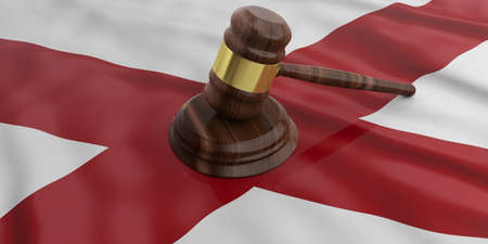Judge or auction gavel on Alabama US of America waving flag background. 3d illustrationの写真素材